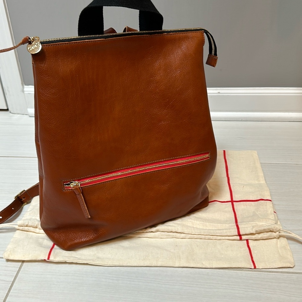 Clare V Cognac Brown Leather Backpack with Red Zip Detail